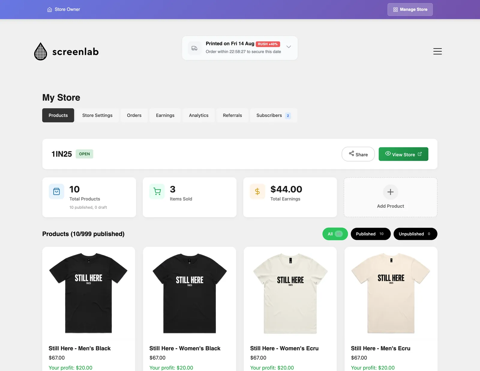 Screenlab Store Dashboard - Manage products, track earnings, view orders and analytics in real time